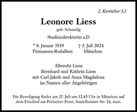 Traueranzeige von Leonore Liess von Süddeutsche Zeitung