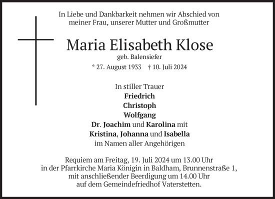 Traueranzeige von Maria Elisabeth Klose von Süddeutsche Zeitung