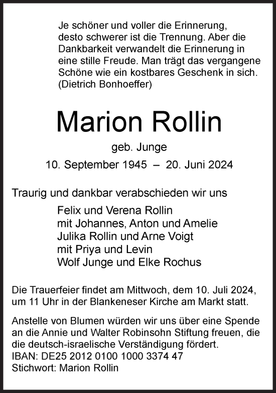 Traueranzeige von Marion Rollin von Süddeutsche Zeitung