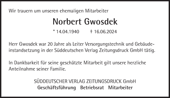 Traueranzeige von Norbert Gwosdek von Süddeutsche Zeitung
