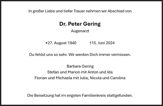 Traueranzeige von Peter Gering von Süddeutsche Zeitung
