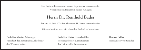 Traueranzeige von Reinhold Bader von Süddeutsche Zeitung