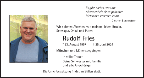 Traueranzeige von Rudolf Fries von Süddeutsche Zeitung