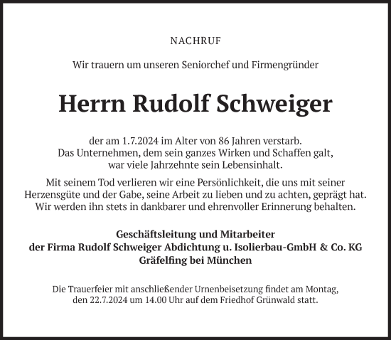 Traueranzeige von Rudolf Schweiger von Süddeutsche Zeitung