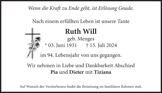 Traueranzeige von Ruth Will von Süddeutsche Zeitung