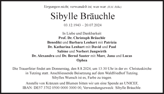 Traueranzeige von Sibylle Bräuchle von Süddeutsche Zeitung