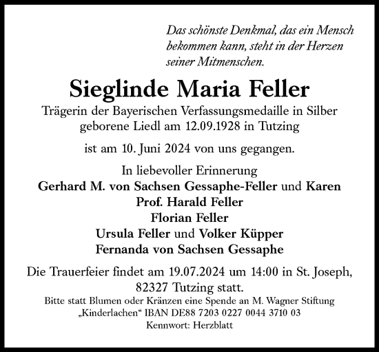Traueranzeige von Sieglinde Maria Feller von Süddeutsche Zeitung