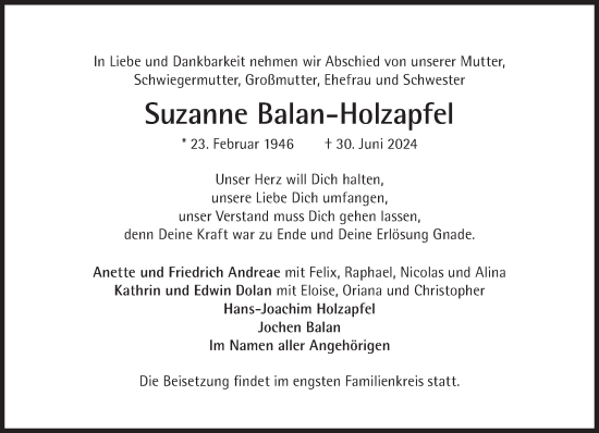 Traueranzeige von Suzanne Balan-Holzapfel von Süddeutsche Zeitung