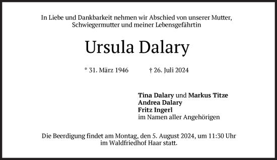 Traueranzeige von Ursula Dalary von Süddeutsche Zeitung