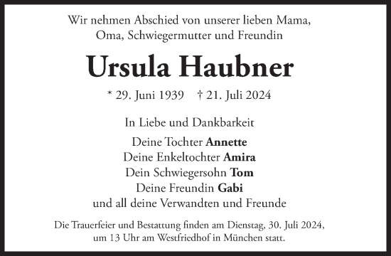 Traueranzeige von Ursula Haubner von Süddeutsche Zeitung