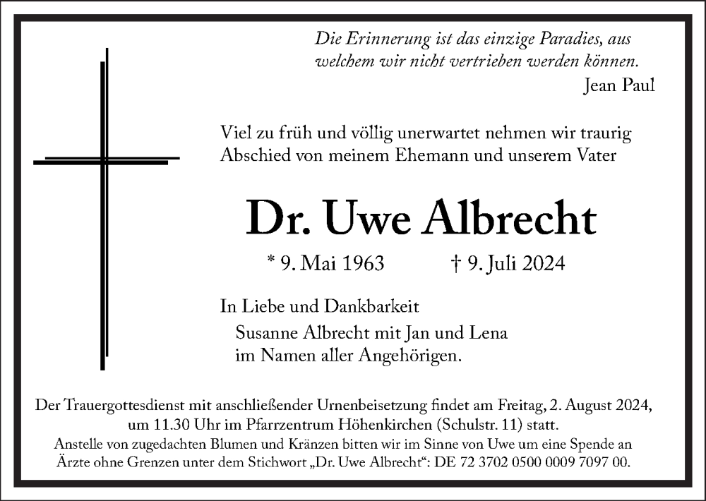  Traueranzeige für Uwe Albrecht vom 20.07.2024 aus Süddeutsche Zeitung