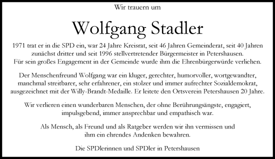 Traueranzeige von Wolfgang Stadler von Süddeutsche Zeitung