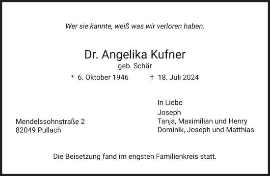 Traueranzeige von Angelika Kufner von Süddeutsche Zeitung