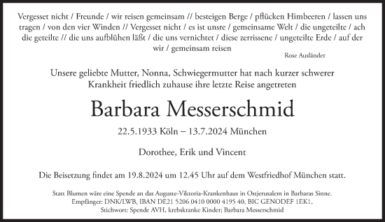 Traueranzeige von Barbara Messerschmid von SZ Trauer