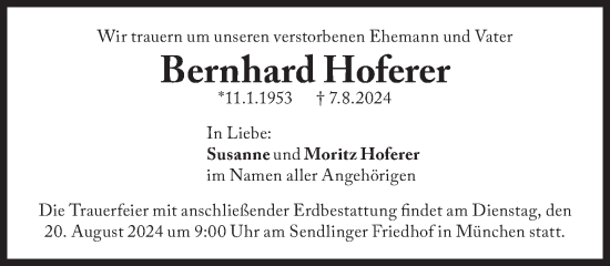 Traueranzeige von Bernhard Hoferer von Süddeutsche Zeitung