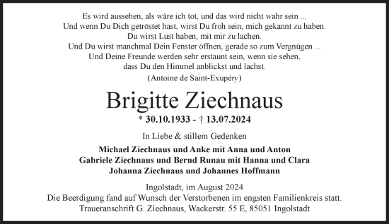 Traueranzeige von Brigitte Ziechnaus von Süddeutsche Zeitung