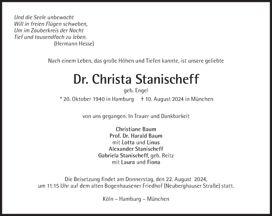 Traueranzeige von Christa Stanischeff von Süddeutsche Zeitung