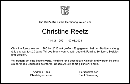 Traueranzeige von Christine Reetz von Süddeutsche Zeitung