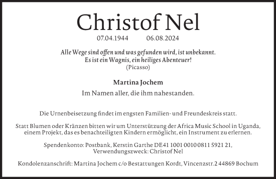 Traueranzeige von Christof Nel von Süddeutsche Zeitung