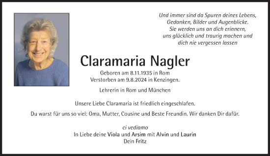 Traueranzeige von Claramaria Nagler von Süddeutsche Zeitung