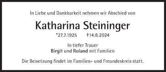 Traueranzeige von Katharina Steininger von Süddeutsche Zeitung