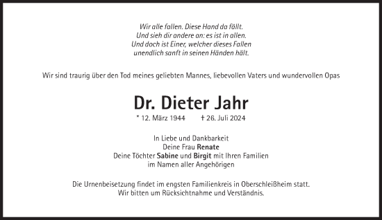 Traueranzeige von Dieter Jahr von Süddeutsche Zeitung