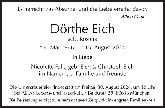 Traueranzeige von Dörthe Eich von Süddeutsche Zeitung