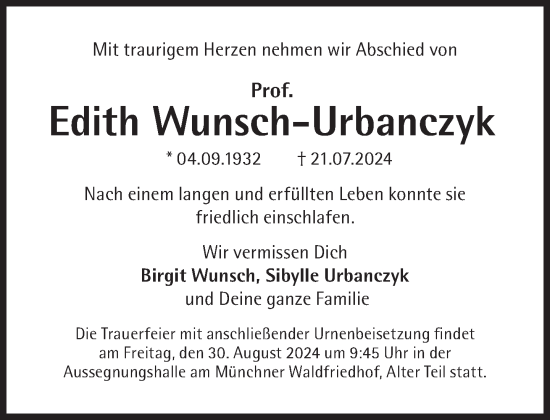 Traueranzeige von Edith Wunsch-Urbanczyk von Süddeutsche Zeitung