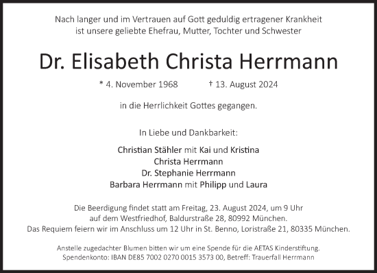 Traueranzeige von Elisabeth Christa Herrmann von Süddeutsche Zeitung