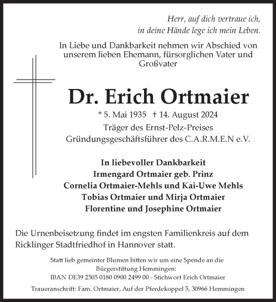 Traueranzeige von Erich Ortmaier von Süddeutsche Zeitung