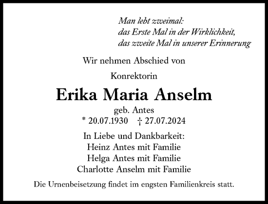 Traueranzeige von Erika Maria Anselm von Süddeutsche Zeitung