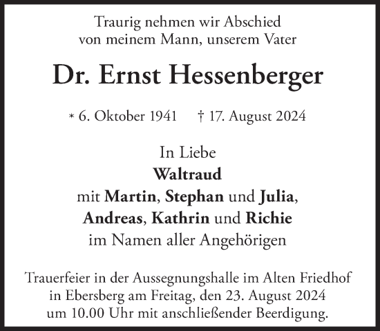 Traueranzeige von Ernst Hessenberger von Süddeutsche Zeitung