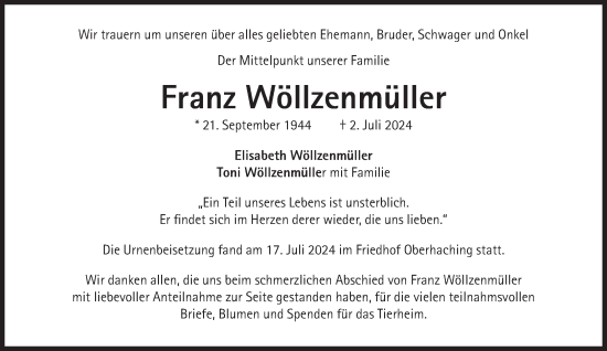 Traueranzeige von Franz Wöllzenmüller von Süddeutsche Zeitung