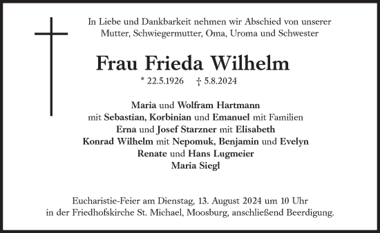 Traueranzeige von Frieda Wilhelm von Süddeutsche Zeitung