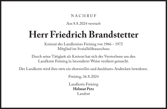 Traueranzeige von Friedrich Brandstetter von Süddeutsche Zeitung