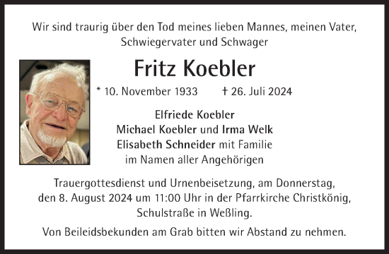 Traueranzeige von Fritz Koebler von Süddeutsche Zeitung