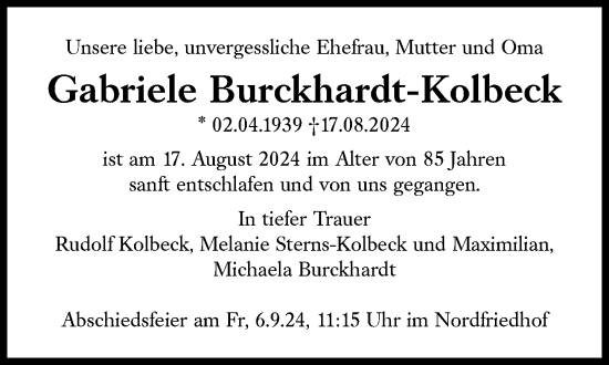 Traueranzeige von Gabriele Burckhardt-Kolbeck von Süddeutsche Zeitung