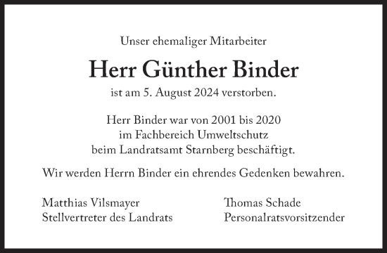 Traueranzeige von Günther Binder von Süddeutsche Zeitung