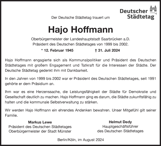 Traueranzeige von Hajo Hoffmann von Süddeutsche Zeitung