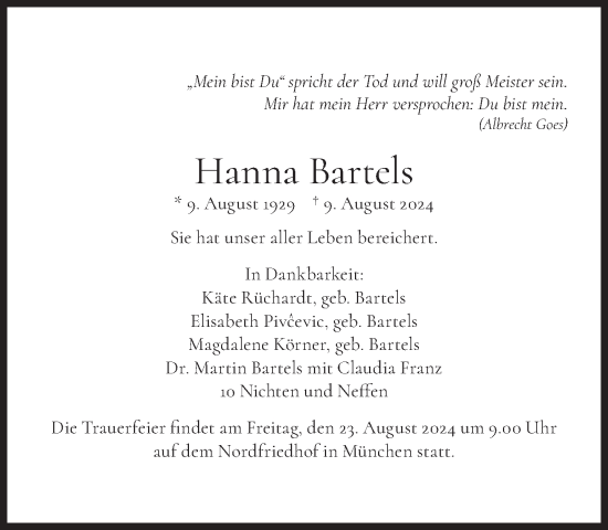 Traueranzeige von Hanna Bartels von Süddeutsche Zeitung