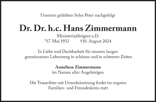 Traueranzeige von Hans Zimmermann von Süddeutsche Zeitung