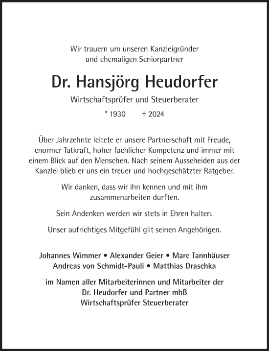 Traueranzeige von Hansjörg Heudorfer von Süddeutsche Zeitung