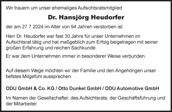 Traueranzeige von Hansjörg Heudorfer von Süddeutsche Zeitung