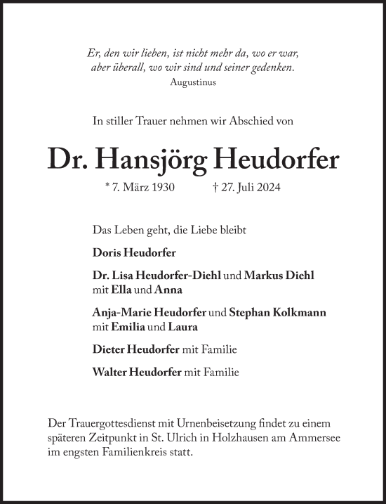 Traueranzeige von Hansjörg Heudorfer von Süddeutsche Zeitung