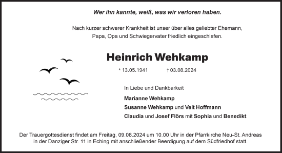 Traueranzeige von Heinrich Wehkamp von Süddeutsche Zeitung