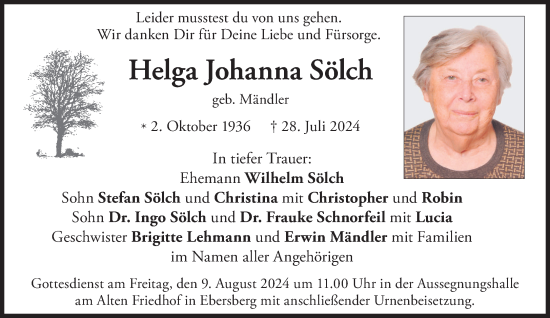 Traueranzeige von Helga Johanna Sölch von Süddeutsche Zeitung