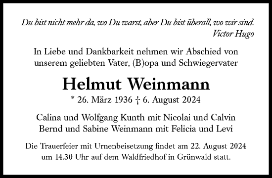 Traueranzeige von Helmut Weinmann von Süddeutsche Zeitung