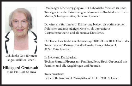 Traueranzeige von Hildegard Grotewahl von Süddeutsche Zeitung