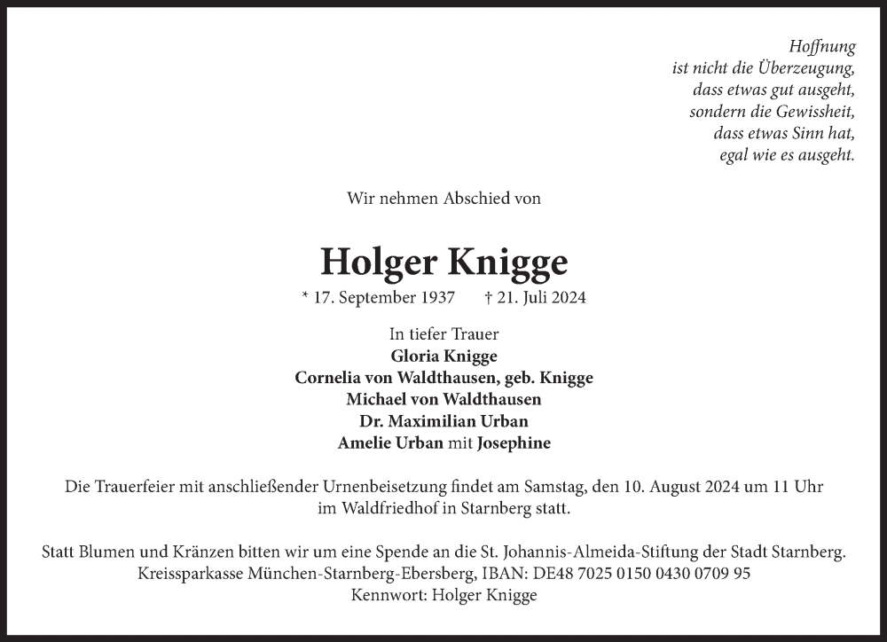  Traueranzeige für Holger Knigge vom 03.08.2024 aus Süddeutsche Zeitung