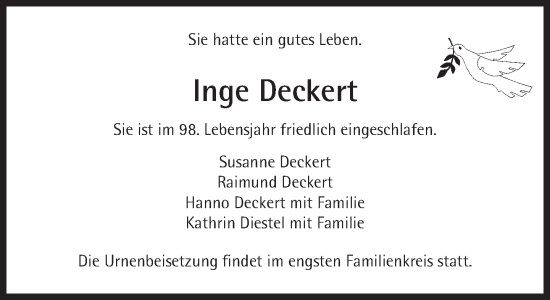 Traueranzeige von Inge Deckert von Süddeutsche Zeitung